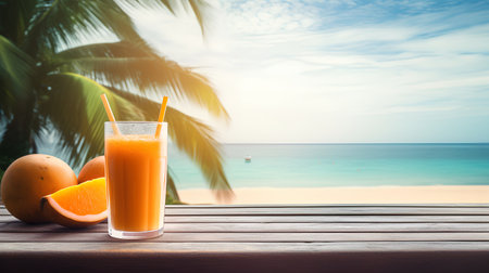 Glass of fresh orange juice on wooden table with tropical beach background.の素材