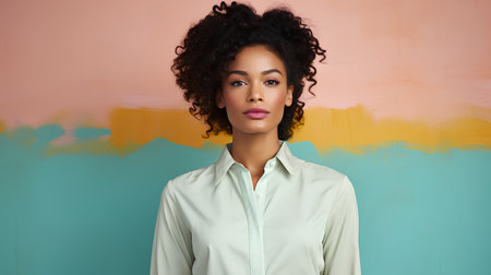 Beautiful young african american woman with afro hairstyle posing on colorful backgroundの素材