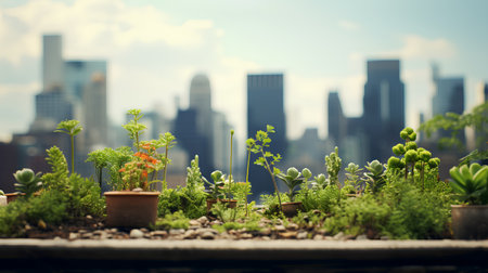Small plant in a pot on the background of the cityscape.の素材