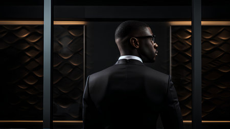 Back view of African American businessman in black suit and eyeglasses standing in front of the window. 3D renderingの素材