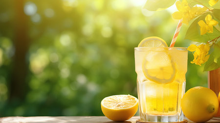 Glass of fresh lemonade with ice cubes and lemon on wooden table outdoorsの素材