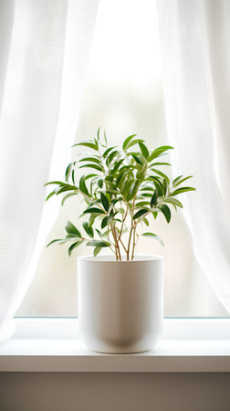 Indoor plant in a white pot on the window sill. Home decor.の素材
