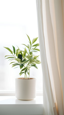 Indoor plant in white pot on windowsill with curtains and sunlight.の素材