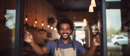Portrait of young african american male barista standing in cafe and smiling.の素材