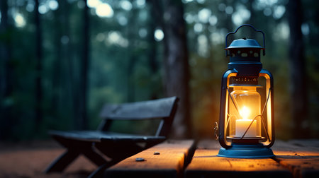 Lantern on a wooden table in the forest. Camping concept.の素材