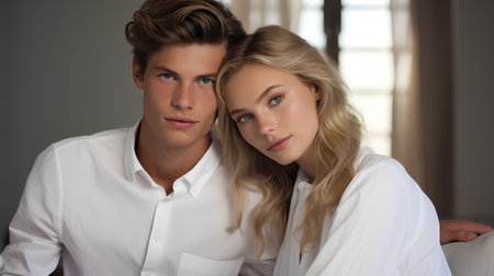 Portrait of beautiful young couple in love. Man and woman in white shirt.の素材