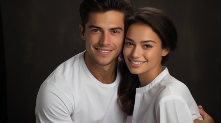 Portrait of a happy young couple in front of a dark backgroundの素材