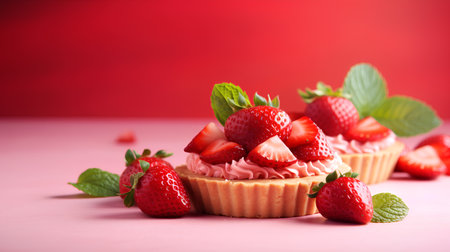 Cupcake with fresh strawberries and mint leaves on pink background.の素材