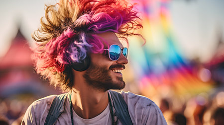 Handsome young man with colorful hair and sunglasses at the festivalの素材