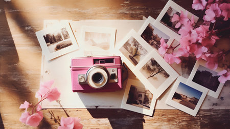 Retro camera and old photos on a wooden table. Top viewの素材