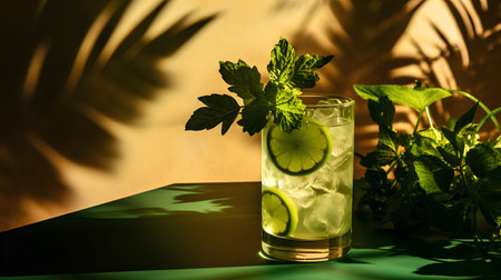 Cocktail with lime, mint and ice on a green backgroundの素材