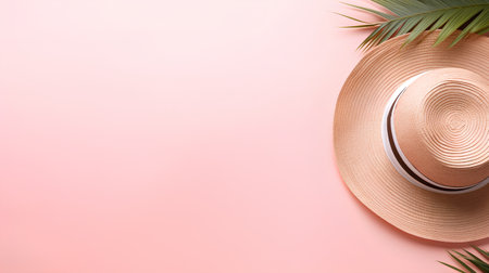 Summer straw hat and palm leaves on pink background. Flat lay, top view.の素材