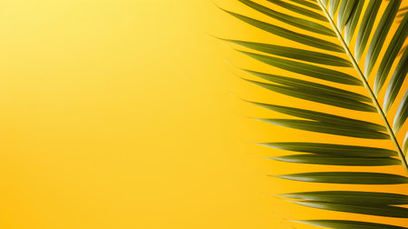 Tropical palm leaf on yellow background. Flat lay, top view.の素材