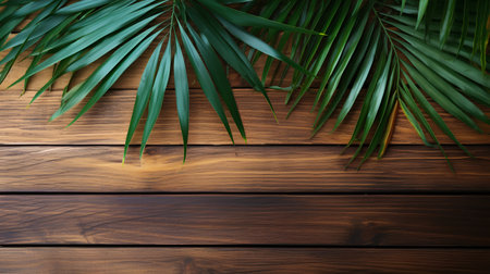 Palm leaves on wooden background. Top view with copy space.の素材