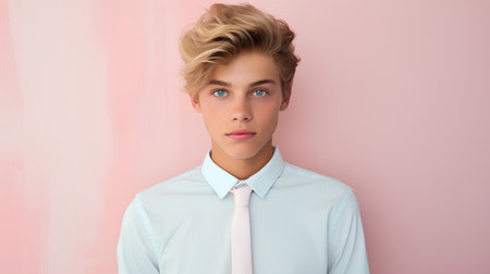 Portrait of a beautiful young blonde woman on a pink background.の素材