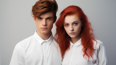 Portrait of a beautiful couple with red hair. Studio shot.の素材