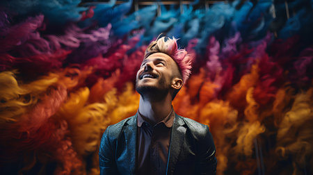 Portrait of a young man with colorful hair in the studio.の素材