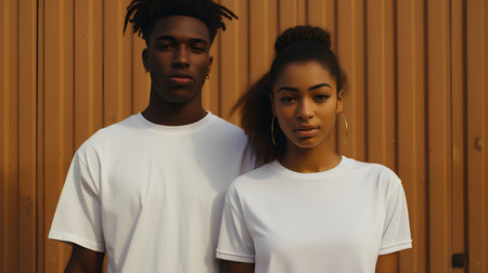 African american man and woman in white t-shirts posing against wooden wallの素材