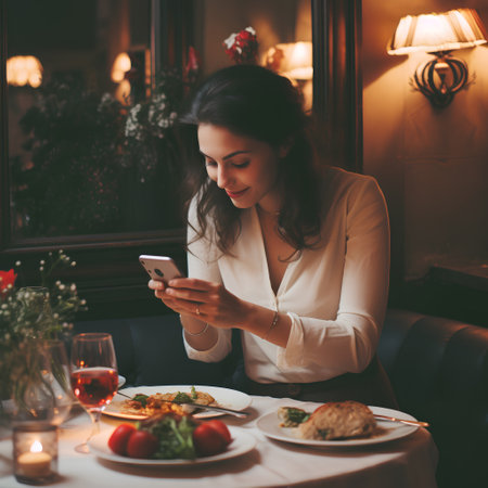 Beautiful young woman sitting in a restaurant and using a mobile phoneの素材