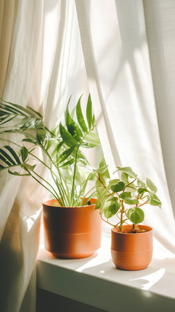 Indoor plants in pots on the windowsill. Home gardening concept.の素材