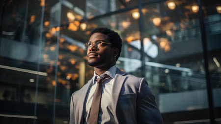 Portrait of a handsome African American businessman in a suit and glasses on the background of an office building.の素材