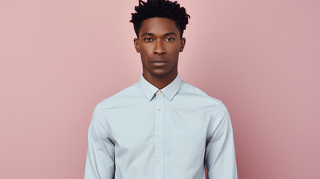 Handsome african american man in white shirt on pink backgroundの素材