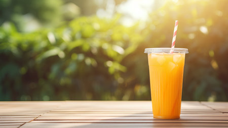 Orange juice in plastic cup with straw on wooden table outdoors. Summer conceptの素材