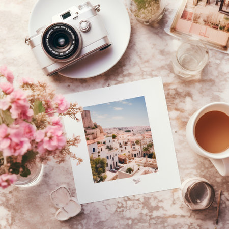 Vintage camera and old photosle background. Top view.の素材