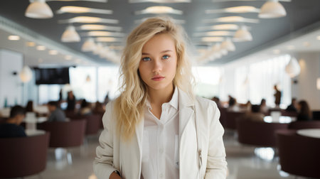 Portrait of a young businesswoman in a modern office interior.の素材