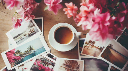 Coffee cup and instant photos on wooden table. Vintage toneの素材