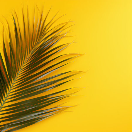 Tropical palm leaves on yellow background. Realistic vector illustration.の素材