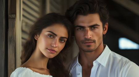 Portrait of beautiful young couple in love looking at camera and smiling.の素材