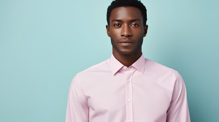 Portrait of a young african american man in pink shirt on blue backgroundの素材