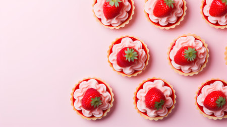 Strawberry tartlets on pink background. Top view, flat layの素材