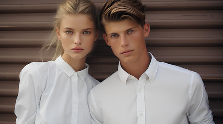 Portrait of a beautiful young couple in a white shirt on a brown backgroundの素材
