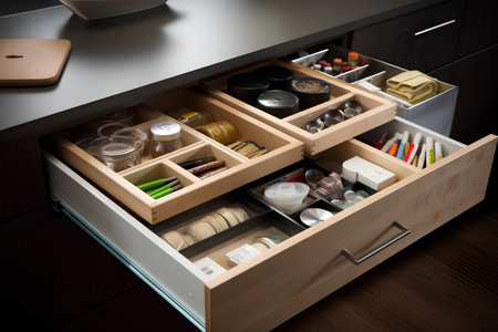 Open drawer with drawers in the kitchen. 3d rendering.の素材