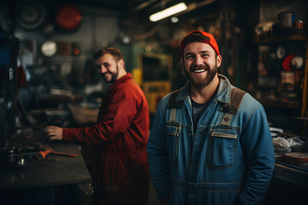 Two young men working in a factory. They are happy and smiling.の素材