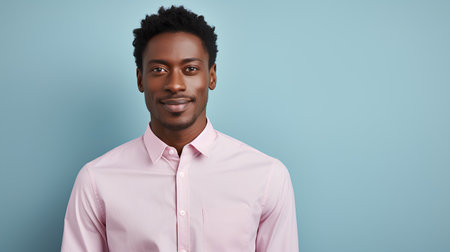 Portrait of young african american man in pink shirt on blue backgroundの素材