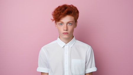 Portrait of a young red-haired girl in a white shirt on a pink backgroundの素材