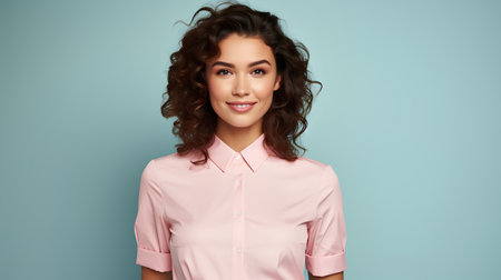 Portrait of happy smiling young woman in pink shirt, over blue backgroundの素材