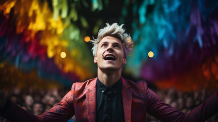 Portrait of a young handsome man in a red jacket on the background of colorful lightsの素材