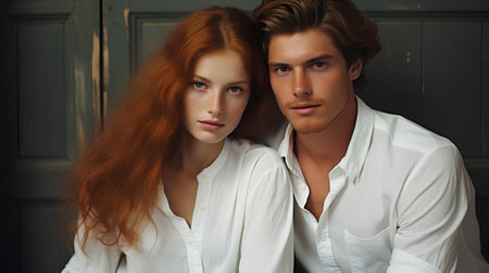 Portrait of a beautiful young couple in a white shirt and jeansの素材