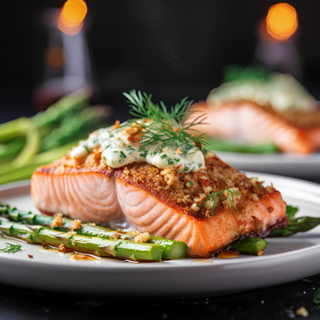 Grilled salmon fillet with asparagus, garlic and mayonnaiseの素材