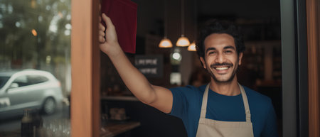 portrait of handsome young man in apron opening cafe and smilingの素材