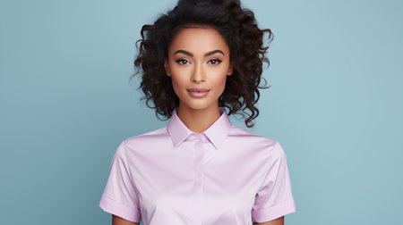 Surprised young African American woman looking at camera. Portrait of beautiful african american businesswoman with curly hair.の素材