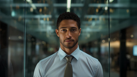 Portrait of a young businessman standing in an office lobby, looking at the camera.の素材
