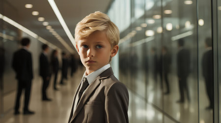 Portrait of a blond boy in a business suit looking at the cameraの素材