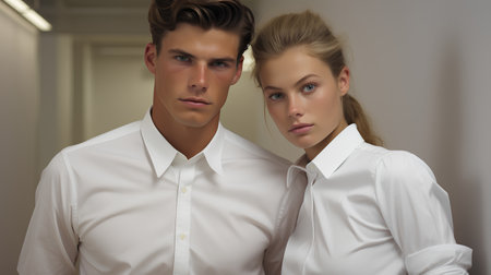 Portrait of beautiful young couple in white shirts. Fashion shot.の素材