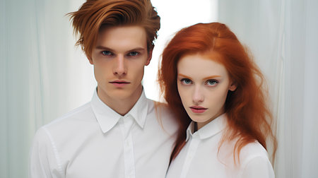 Portrait of a red-haired couple in a white shirt.の素材