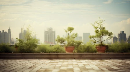 view of the city from the terrace with a flower pot.の素材